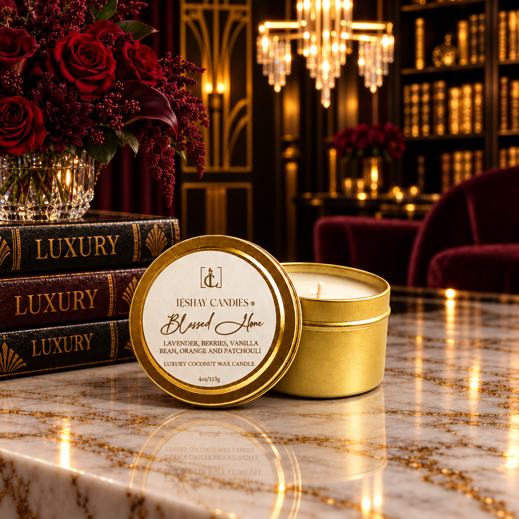 A gold round metal candle tin labeled 'LéShay Candles Blessed Home' sits on a polished marble table beside its open countertop. The scene is set in an elegant, luxurious room with a chandelier, bookshelves, and a vase of red roses in the background.