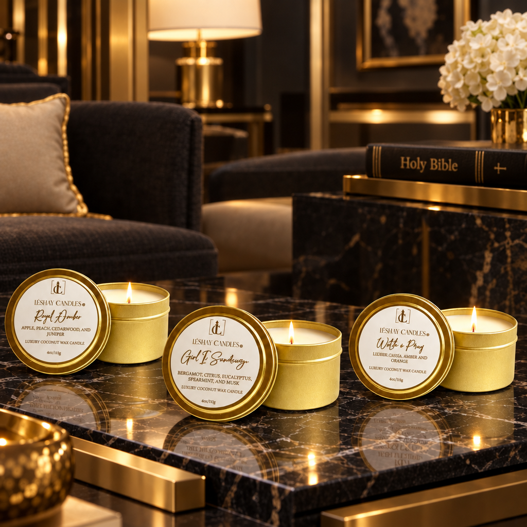 The King's Promise Bundle with Royal Diadem, Watch and Pray and God Is Sovereign candles in gold travel tins by LéShay Candles.