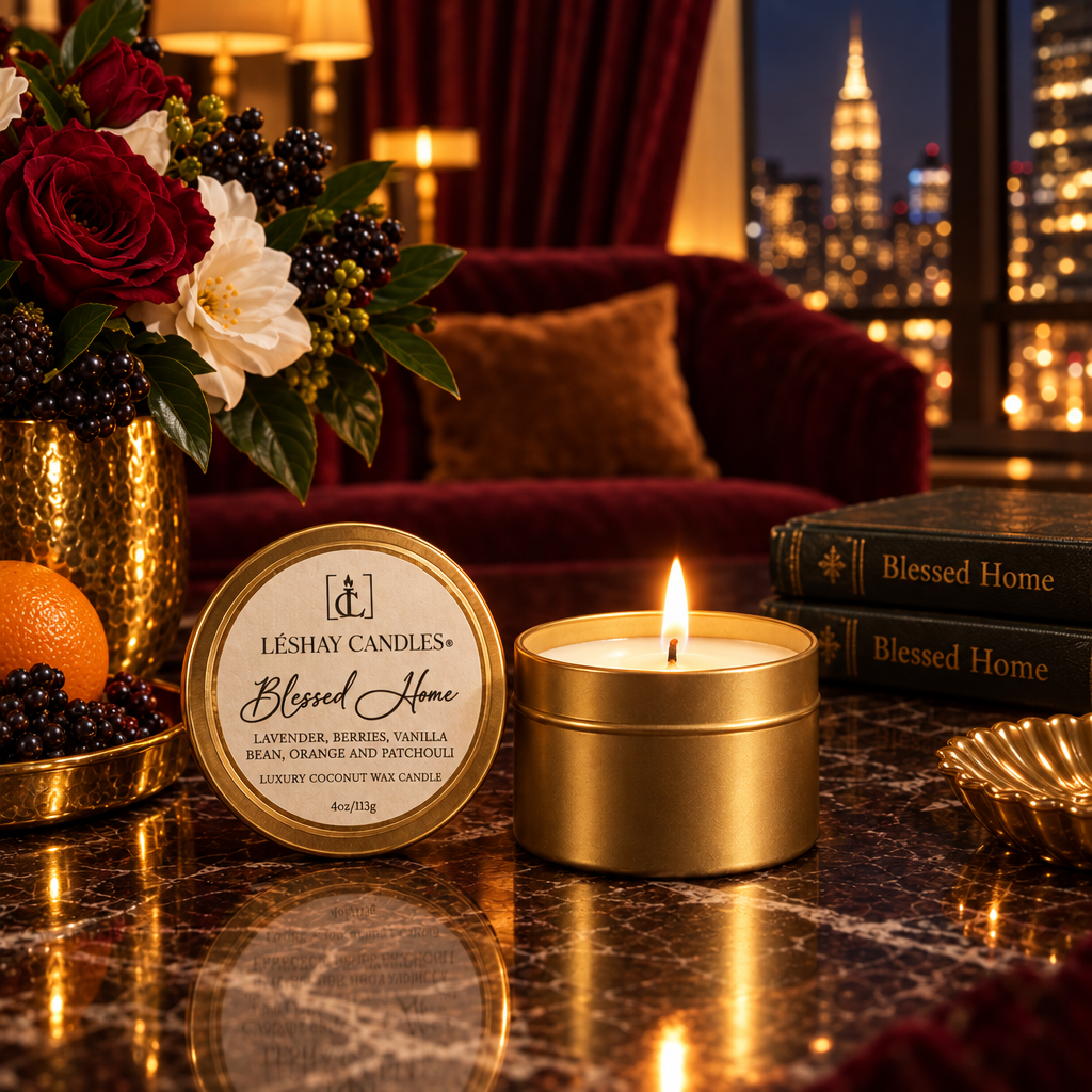 A gold round candle tin with a lit candle and its matching lid labeled 'LÉSHAY Candles Blessed Home' on a polished marble table, styled with a floral arrangement, books, and a warm city skyline at night in the background.