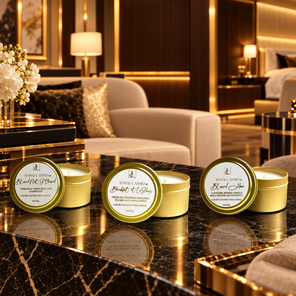 Three luxury, LéShay Candles travel tin candles with gold lids are arranged on a glossy black marble table in a luxurious modern lounge setting with warm gold lighting and cream seating.