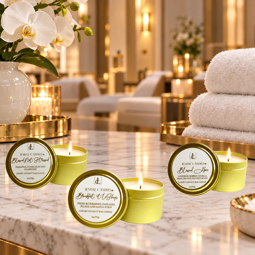 Set of three, gold travel tin candles with gold lids are arranged on a marble surface in a luxurious spa-like setting with white orchids, folded towels, and warm ambient lighting. This bundle includes the Blessed Not Stressed, Breakfast at LéShay's, and Blessed Home Luxury Travel Candles,