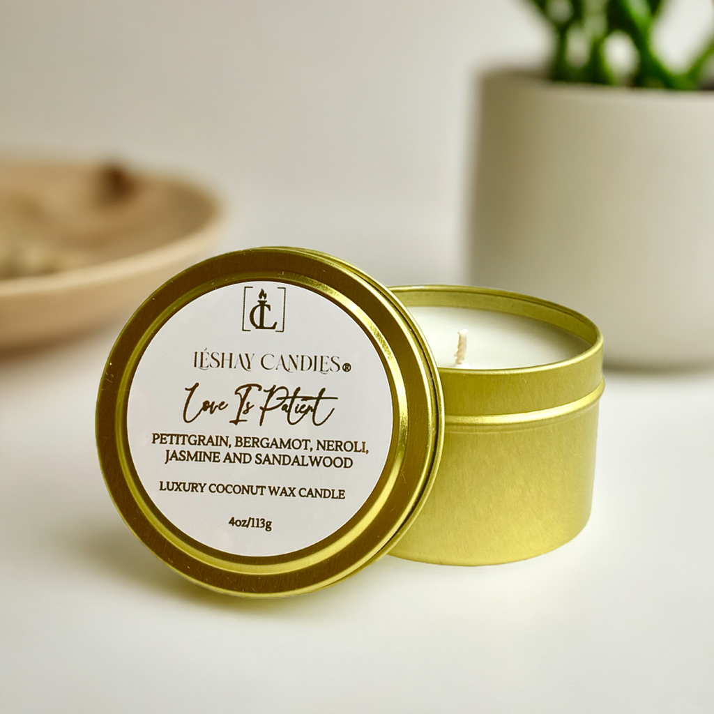 "LOVE IS PATIENT" SMALL LUXURY TRAVEL TIN CANDLE
