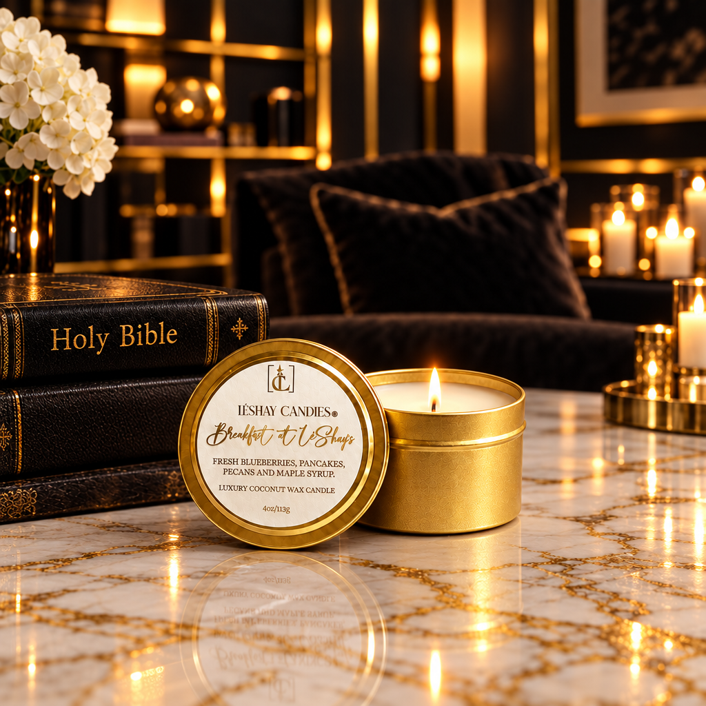 A gold tin candle with its lid off sits on a marble table in a luxurious room setting. This is the Breakfast at LéShay's Travel Candle with fragrance notes of fresh blueberries, pancakes, bergamot, maple syrup, vanilla, neroli and pecans.