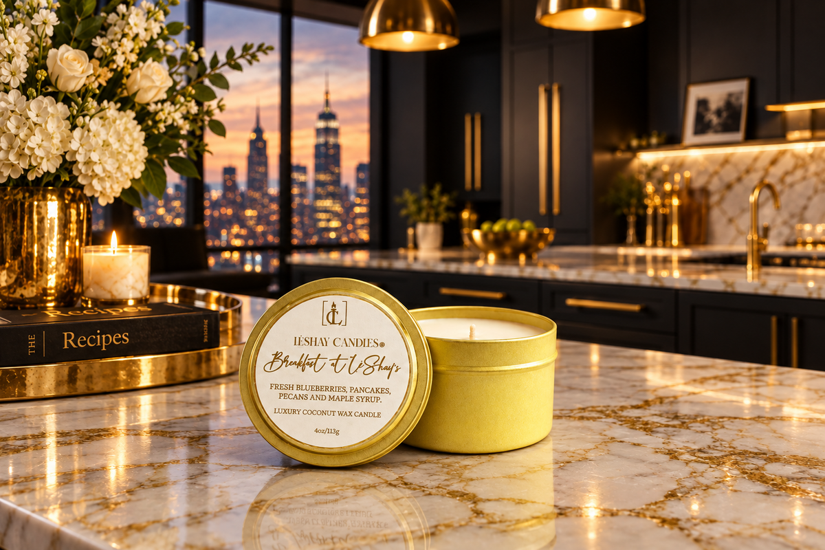 A gold tin candle labeled LéShay Candles Breakfast at LéShay's sits open on a marble kitchen counter, with a  candle jar sitting off to the left of it. The kitchen has dark cabinets, gold hardware, and a city skyline at sunset in the background, with flowers and books on the left.