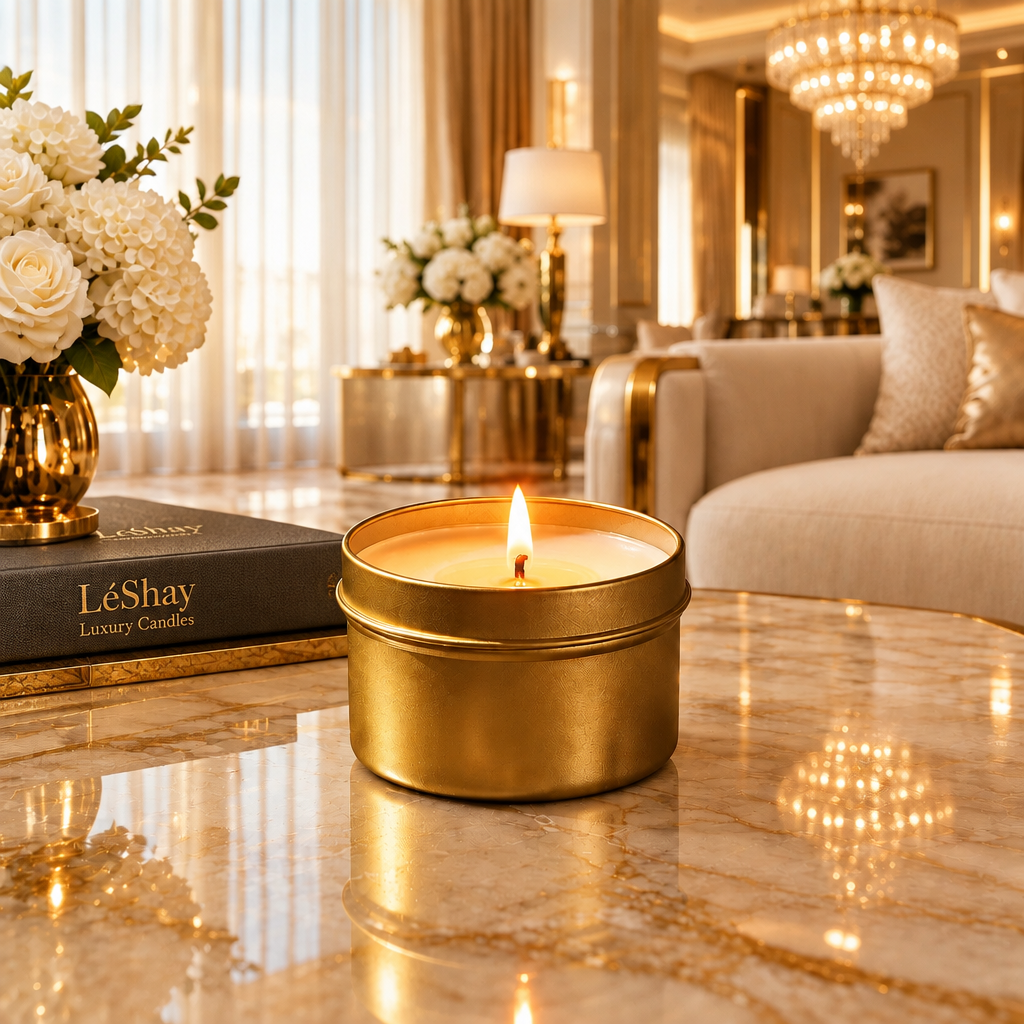 A lit gold travel candle sits on a white and gold marble table with a beautiful linen couch and luxury hotel aesthetics in the background.