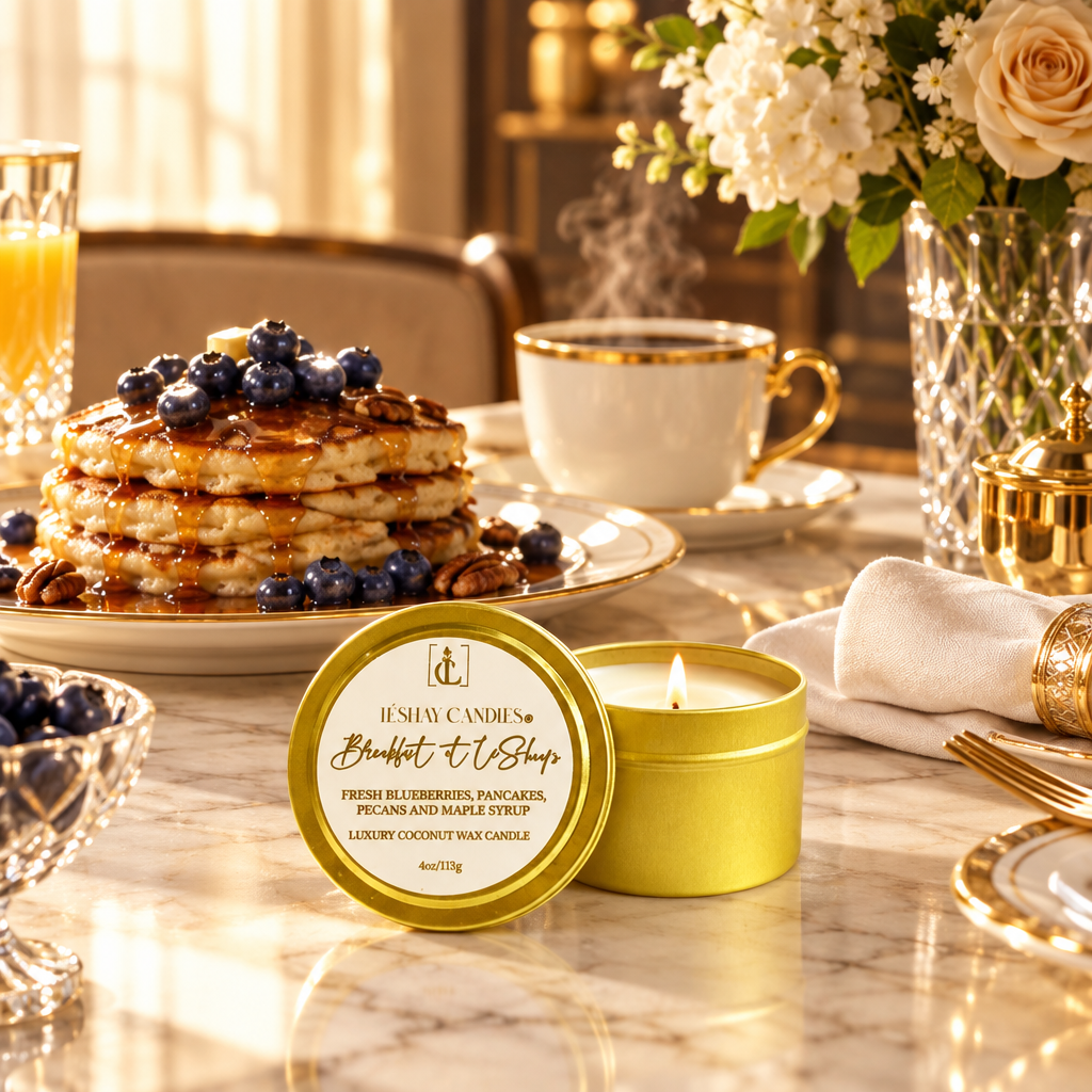 A lit round tin candle sits on a marble table in a styled dining setting, with pancakes topped with blueberries and syrup, a cup of coffee, flowers, and gold-toned tableware in the background. This is the Breakfast at LéShay's Candle with fragrance notes of fresh blueberries, pancakes, pecans, maple syrup, bergamot and neroli.